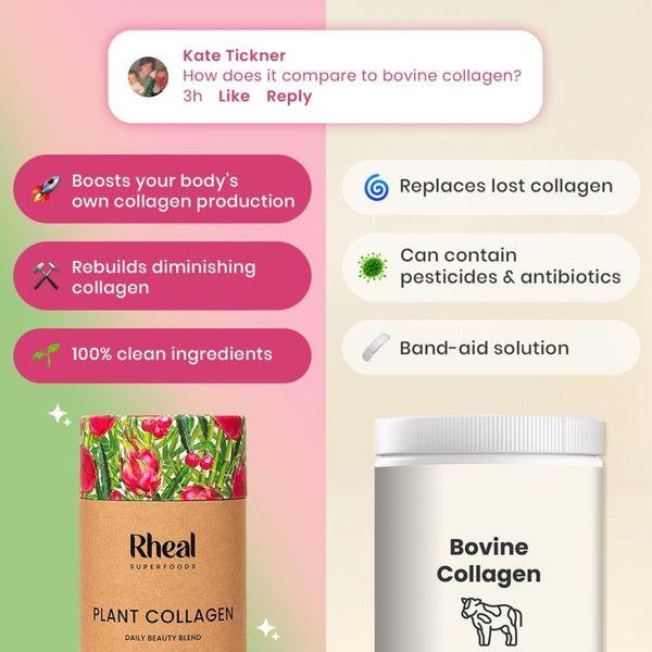 A split-screen comparison ad highlighting the benefits of plant-based collagen over animal-derived alternatives through a direct feature-by-feature evaluation.